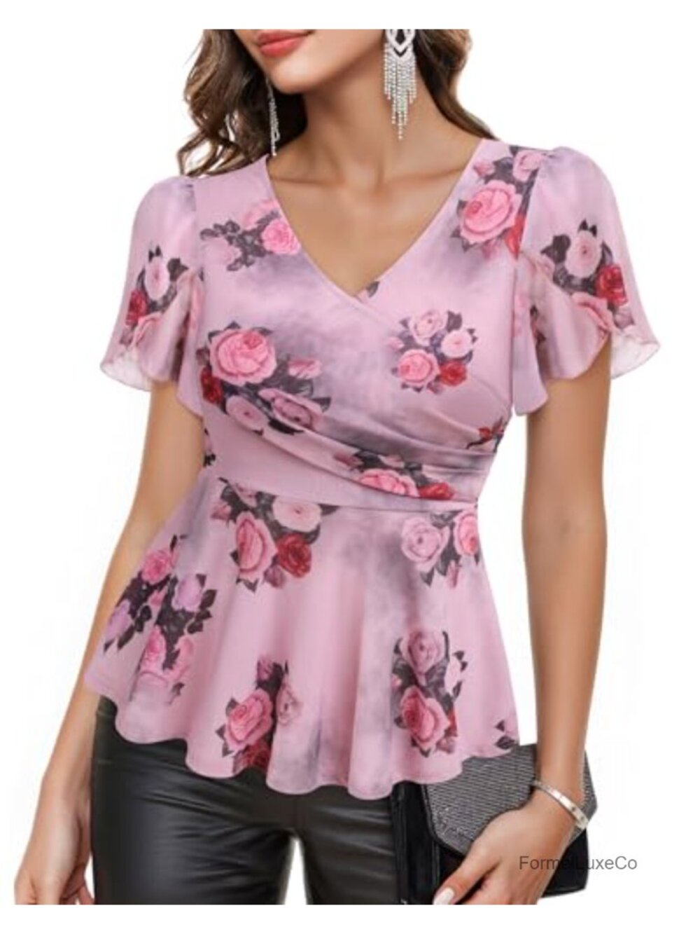 Womens Peplum Top Petal Sleeve Mesh Wrap Blouse Dressy Casual Work